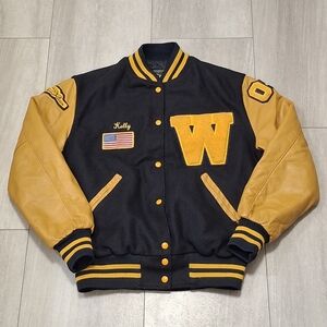 Vintage Hollaway Jacket Womens Medium Black Yellow Varsity Letterman Wool Snap